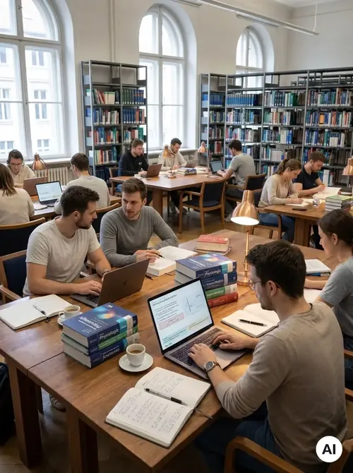 Lernen in der Bibliothek mit Laptop und Büchern