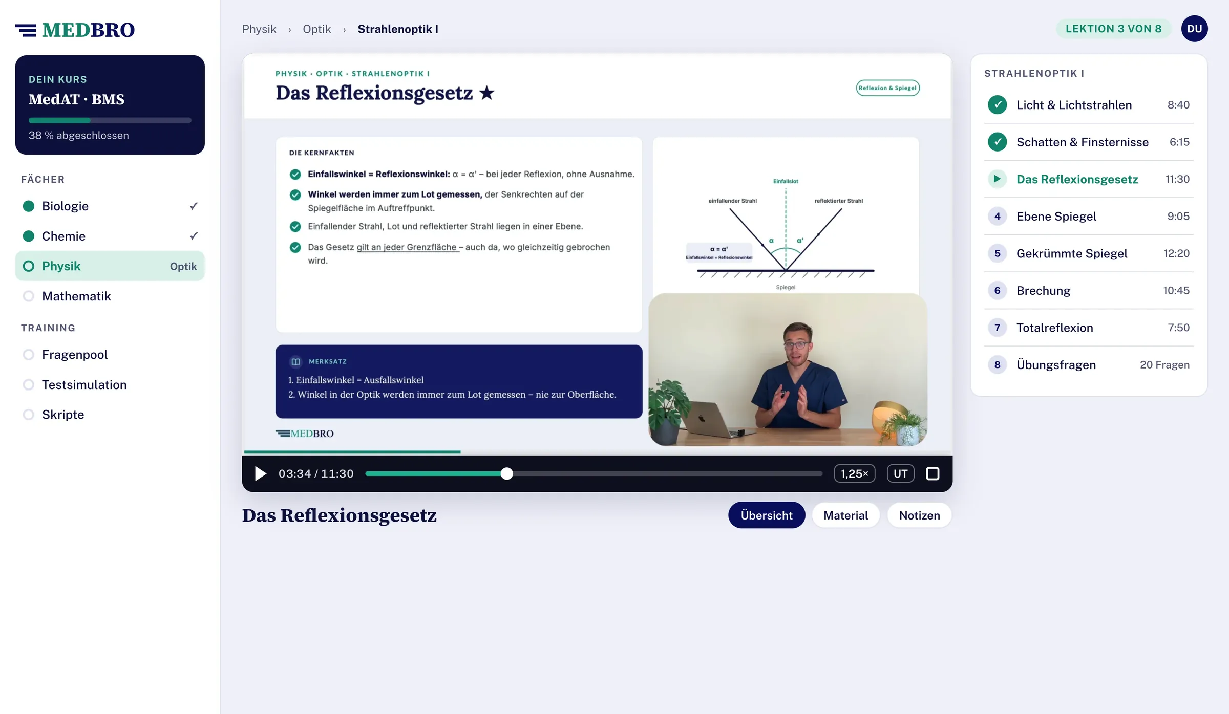 Lehrvideo „Das Reflexionsgesetz“ im Videoplayer der Lernplattform
