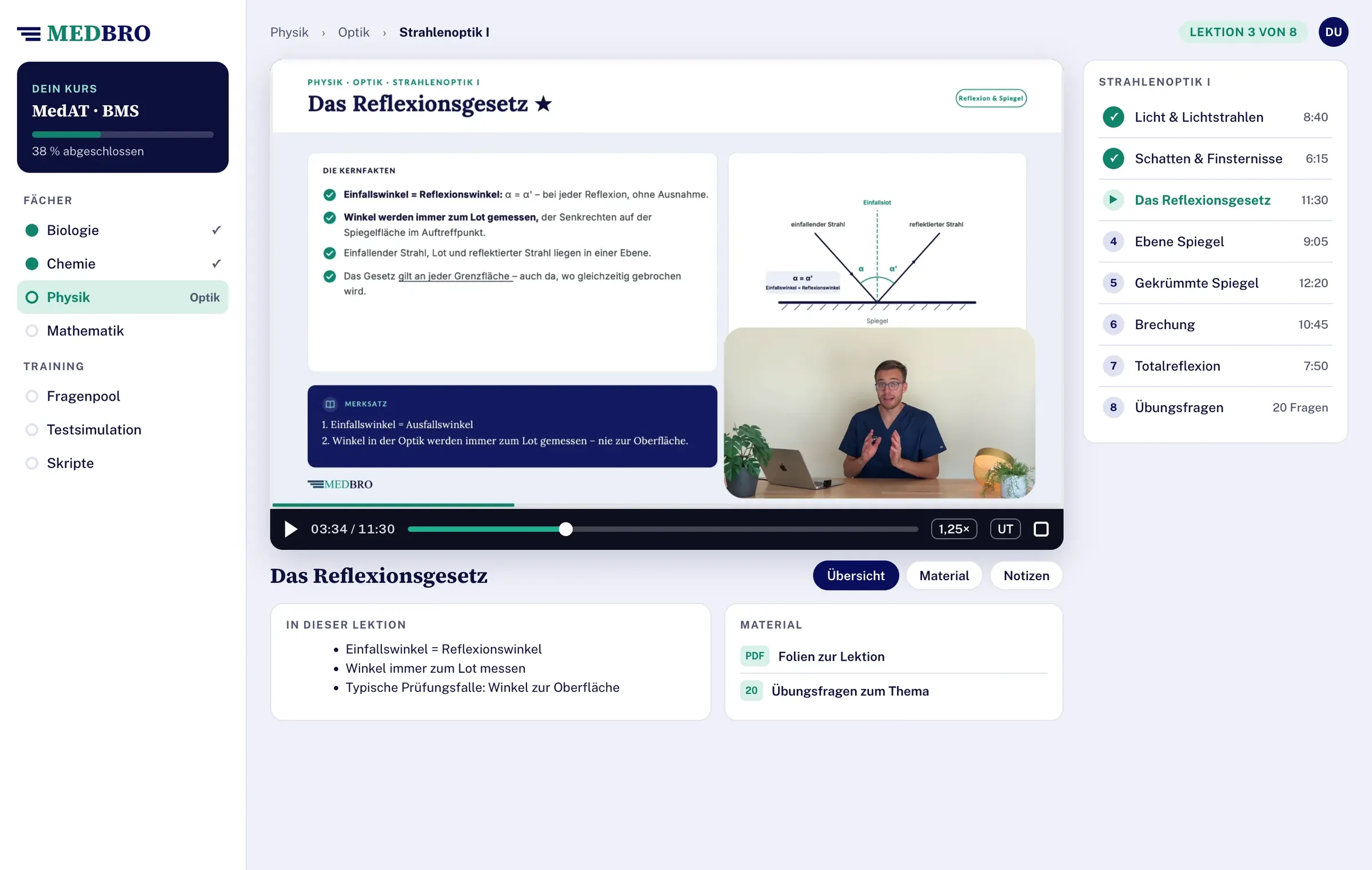 Lehrvideo im Videoplayer der MEDBRO-Lernplattform (MedAT)